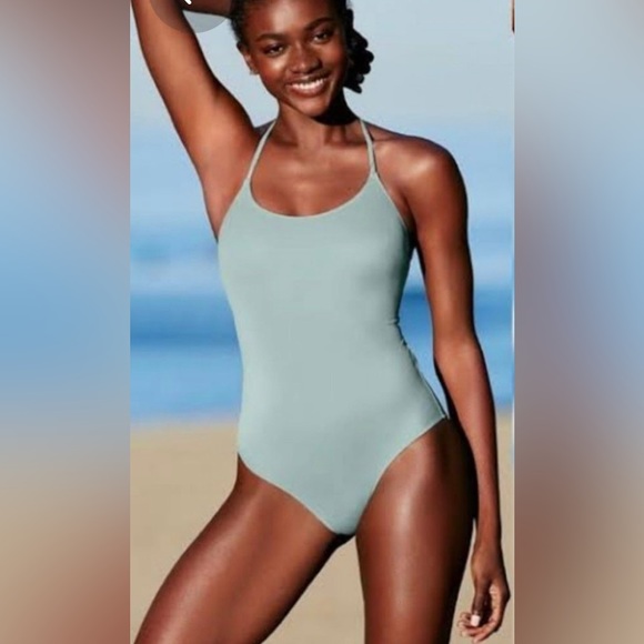 PINK by Victoria’s Secret one piece swimsuit cross strap back grayish blue sz L - Picture 1 of 6